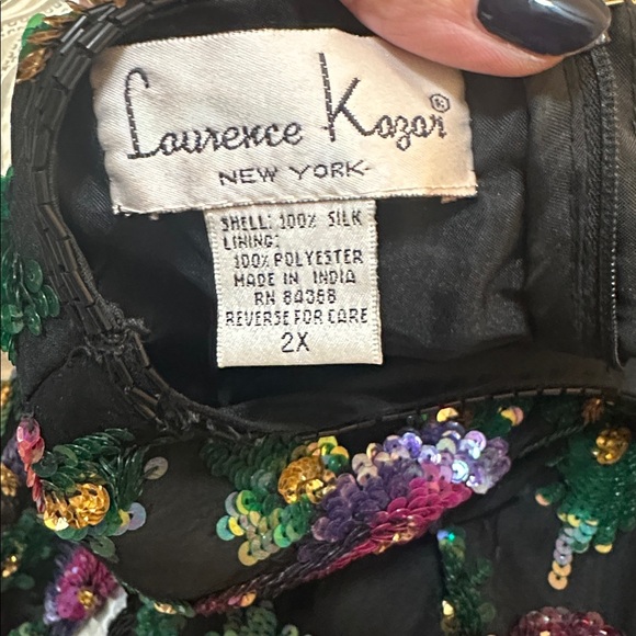 Vintage Laurence Kazar 2X Silk Sequin Floral Sheer Sleeve Blouse Top Black - Picture 9 of 11